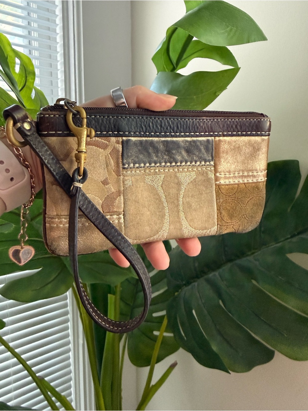 Patchwork Leather Wristlet Wallet in Taupe and Brown